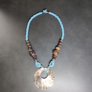 Wood And Blue Beaded Necklace with Shell Pendant